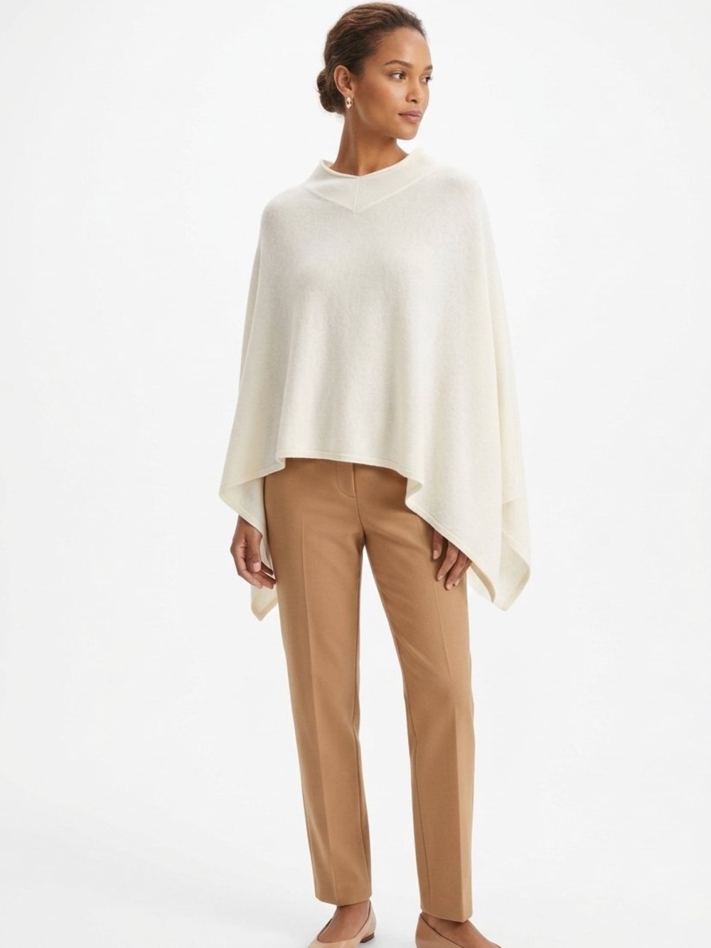 VTG Women's Cream Merino Wool Knit Poncho Sweater Sz S Contemporary Minimal Chic